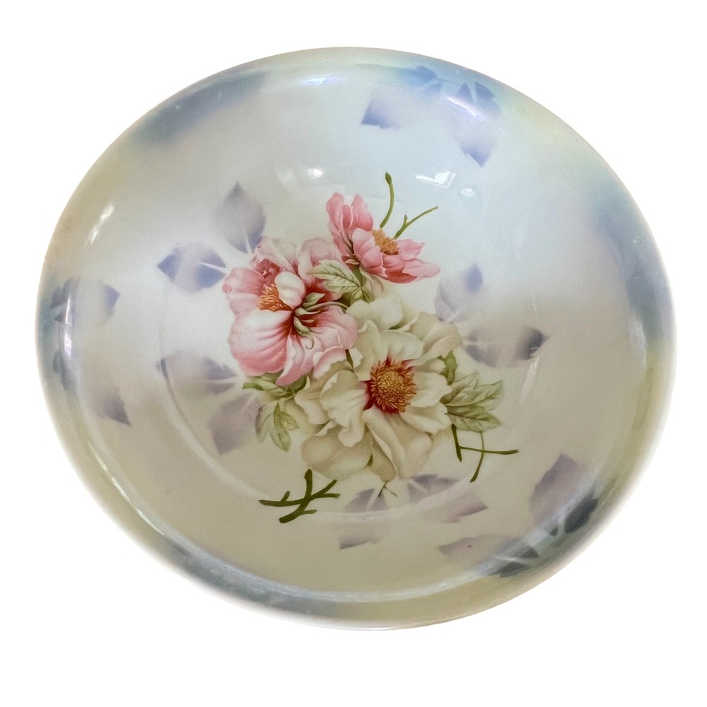 Vintage Bavaria Porcelain Floral Serving Bowl Iridescent Lustre Glaze Pink White